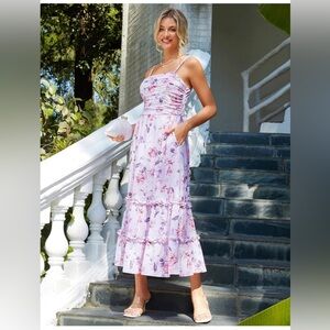 Grace Karin Organza Floral Midi Maxi Sun Dress Lavender Pink Garden Size M NWOT